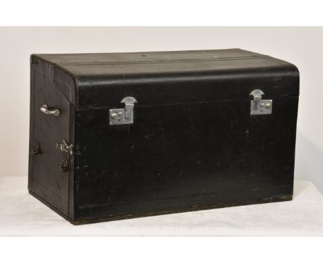 A motoring trunk by Brexton, 1930s, slightly domed top, black rexine covered, fall front, chrome plated catches, opening to r