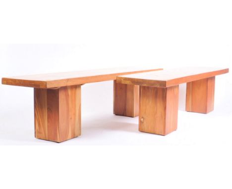 A pair of vintage 20th century solid teak bespoke hand carved interior &amp; exterior benches / tables. Each bench having a a