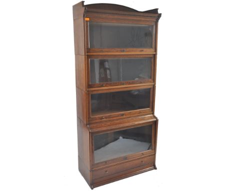 Lebus Furniture - &nbsp;Edwardian Industrial Lebus mahogany four section - stacking lawyers breakfront bookcase cabinet. The 