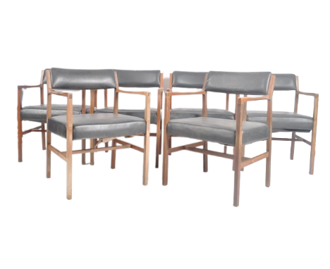 A set of six retro mid 20th century Danish inspired teak framed &amp; leatherette armchairs chairs ( dining ). Each chair hav