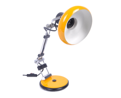 Luminior - A retro 20th century table lamp light with moveable metal head finished in safety yellow and black, articulated ch