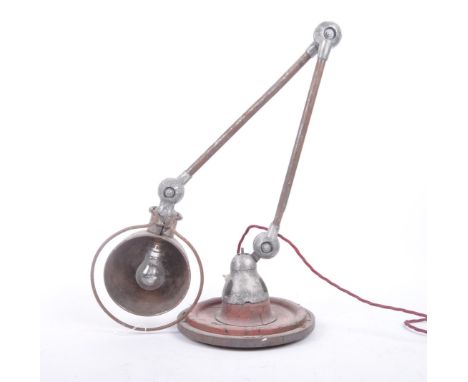 A retro 20th century metal &amp; wood industrial factory desk table lamp light in the manner of Jean Louis Domecq. The lamp h