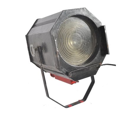 Furse - A retro 20th century industrial search light / theatre spot lamp light having an octagonal black metal case with ribb