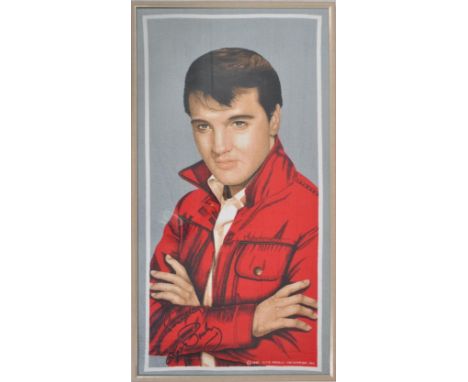 A large 20th century framed and glazed wall hanging of Elvis Presley. Produced in 1985 by the Elvis Presley Enterprises Inc..