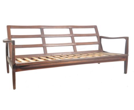 R. W. Toothill for Toothill Furniture - A retro 1960s teak wood framed three seater sofa setter having a slatted backrest wit