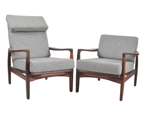 R. W. Toothill for Toothill Furniture - A pair of retro 1960s teak wood framed easy / lounge chair / armchairs. Each chair wi