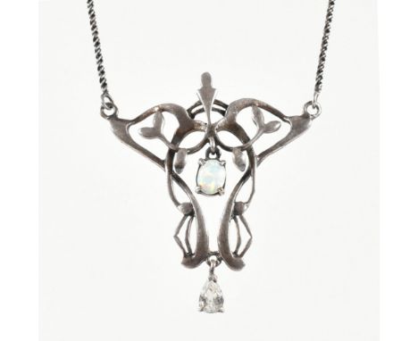 A contemporary Art Nouveau silver &amp; synthetic opal&nbsp;pendant necklace. The necklace strung with a pear cut CZ surmount