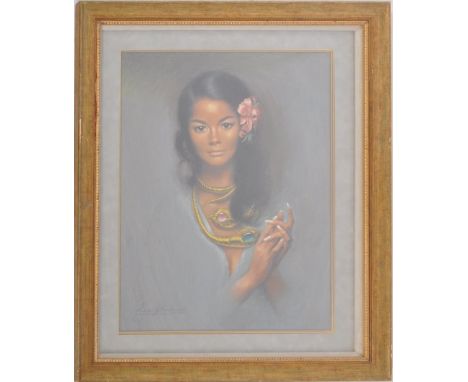 Louis Shabner - An original retro vintage mid 20th century pastel &amp; pencil on paper glamour portrait of Thai lady by Loui