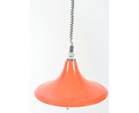 A retro vintage 20th century UFO industrial metal rise &amp; fall ceiling light lamp. The ceiling lamp having a rinse and fal
