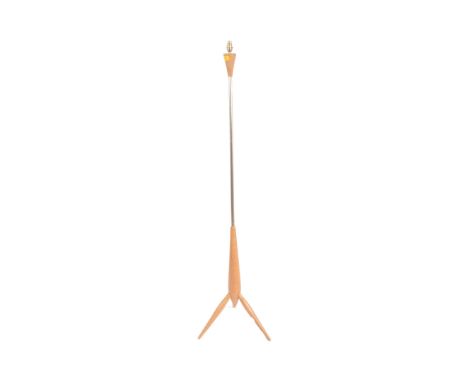 A retro mid 20th century Scandinavian teak and metal Sputnik atomic floor standing lamp light having a tapering teak top with