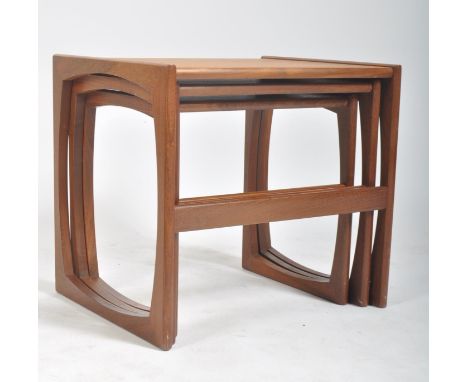 R Bennett - G Plan - Quadrille pattern - A 1970s retro vintage teak wood graduating nest of tables. The three nesting coffee 