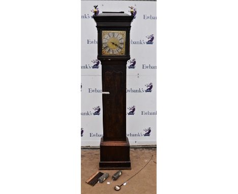 Oak longcase clock by Thomas Haden, with square hood surmounted by brass finials, and glazed door, above plain rectangular tr