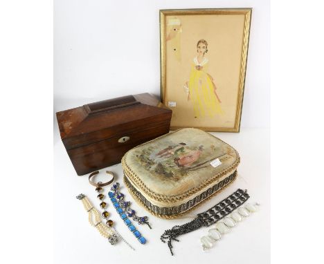 A sarcophagus tea caddy, three gilt framed prints and a box of costume jewellery,