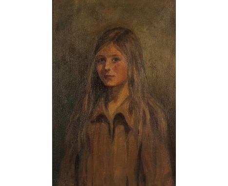 Twentieth-century British School, portrait of a girl, oil on canvas, 39 x 26cm, with a full-length portrait of a lady wearing