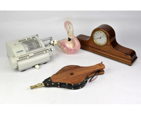 Russian copper and brass samovar, American cast brass oil lamp, with later shade, mantle clock, hot water bottle, Murano glas