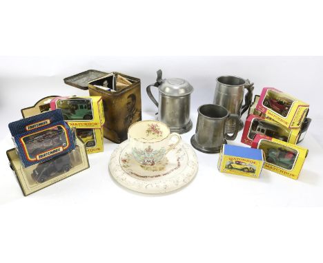 Mixed lot Royal memorabilia, to include a printed tea caddy, ten die cast models of cars to include Matchbox, three, pewter t