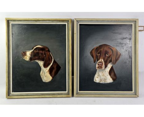 A. M. How (twentieth century), pair of oil on board portraits of dogs, 46 x 36cm each, framed. (2)