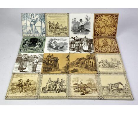 Six 19th century Minton & Hollins tiles designed by W P Simpson from the Hunting & Racing Series, circa 1880, depicting vario