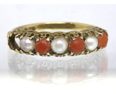 Coral and pearl half hoop ring with decorative claws in hallmarked 9ct, ring size NCondition Report:  1.7 grams