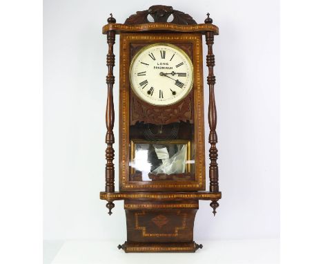 19th century walnut and parquetry two train wall clock, the white enamel dial with roman numerals signed Long Bradninch, H90c