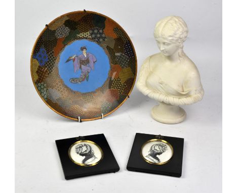 Pair of Japanese enamel plates, 20th Century, decorated with geisha, 30cm diameter, together with a Parian bust of Clytie, a 