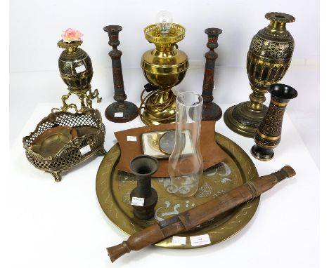 Decorative metal ware to include oil lamp, candlesticks, large circular tray, silver plated trumpet vase etc.16 items in tota