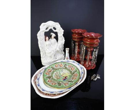 Two Staffordshire flatbacks, various transfer printed plates, and a pair of glass lusters