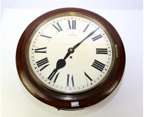 Victorian mahogany wall clock, white painted dial, Roman numeral chapter ring, single fussee brass movement, pendulum, 46cm d