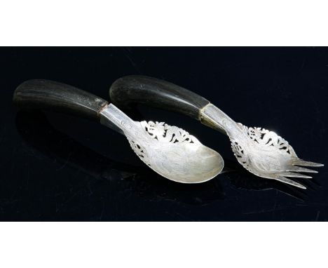 Oriental silver white metal serving spoon and fork with horn handle