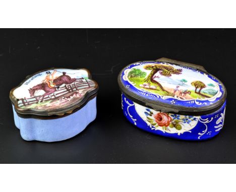 Bilston Enamel Box With Hunting Scene and a oval enamel box painted with a rural landscape 6cmCondition Report:  Glaze hairli