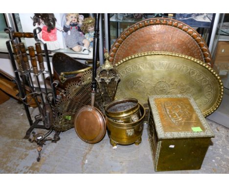 Brass and copper coal pots decorated with a maritime theme, two helmet shaped coal scuttles, preserving pan, fireguard (colla