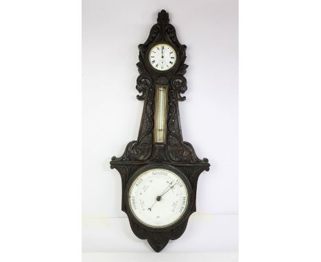 Oak cased aneroid barometer with clock and thermometer, together with a collection of walking sticks (qty)
