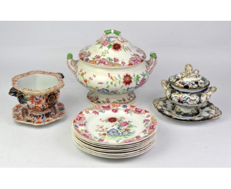 Eight Spode pottery plates, 19th Century, printed and painted with Chinoiserie flowers, 25cm diameter, together with a matchi