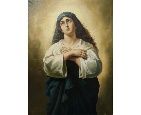Early 20th century Continental school, Portrait of a female figure with arms crossed, oil on canvas, signed indistinctly and 