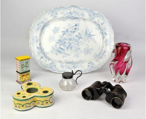 A selection of various ceramics and glass including cranberry glass, tureens, meat plates, tarine etc.