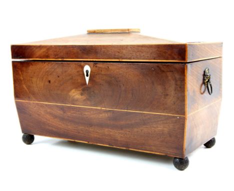 Early 19th century mahogany and boxwood strung tea caddy, of sarcophagus form, enclosing three compartments and removable sli