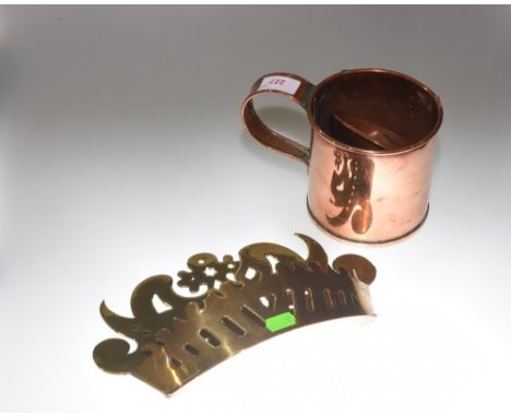 A pierced brass wall bracket/spill holder together with a copper ale sampling mug and wine funnel (3)