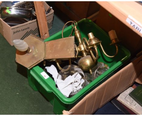 A group of light fittings inc. a brass five light chandelier