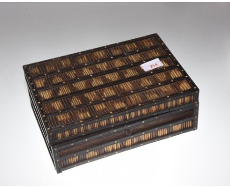 A late 19th Century porcupine quill, ebony and ivory work/jewellery box, the interior with a compartmented lift out tray, the