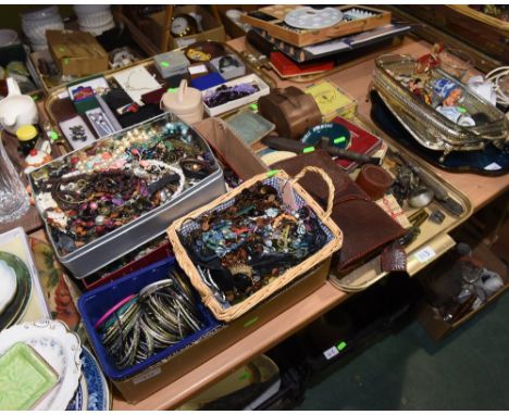 Two trays inc. 19th century knitting sheath, vintage cigarette and cigar boxes and a quantity of costume jewellery 