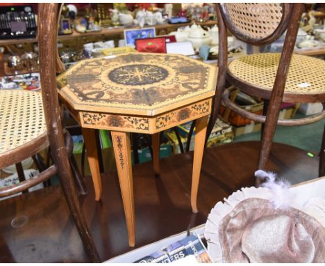 An inlaid octagonal musical occasional table, playing the theme from Love Story "Where do I begin?"