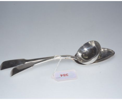 A Victorian silver fiddle pattern serving spoon, London 1863, tog with a similar patterned sauce ladle, London 1861, each bea