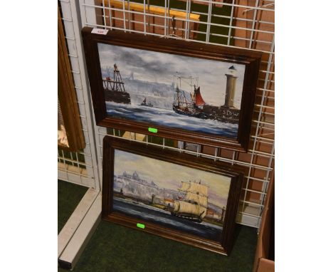A.J. Walsh, fishing trawlers off Whitby, both signed A.J. Walsh and dated '28, oils on panel, framed