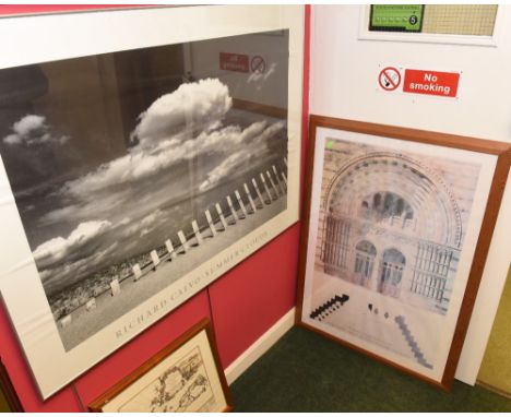 A large black and white photographic poster, titled Richard Calvo, Summer Clouds, framed and glazed, tog. with an architectur