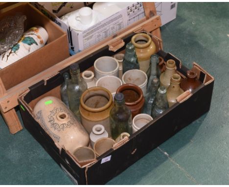 A box of vintage glass and pottery bottles and jars inc. a 19th century Doulton Lambeth pottery hot water bottle, codd bottle