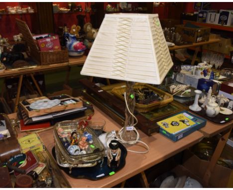 A tray inc. a Royal Doulton Winston Churchill toby jug, Royal Albert teawares etc.; tog., with a modern table lamp