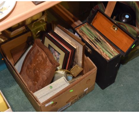 A box inc. brass carriage clock, onyx mantel clock, carved wooden panel, framed articles etc; tog. with a quantity of 78s