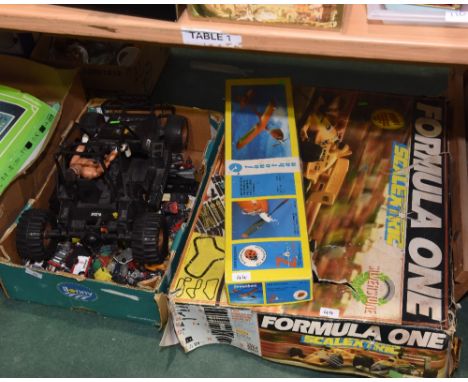 A box of vintage play worn vehicles etc; tog. with a Scalextric set