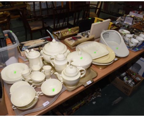 Four trays inc. a large Wedgwood creamware dinner service, a Gladstone floral decorated tea service and a vintage slipper bed