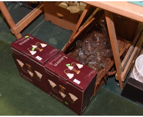 Two boxed modern light fittings; tog. with a wicker hamper containing a quantity of 20th century glass inc. pair of decanters